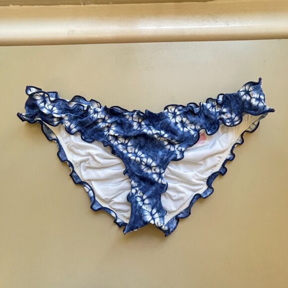 Victoria's Secret Bikini Swim Bottom The Ruffle Cheeky Small Blue White Tie Dye - Picture 1 of 4